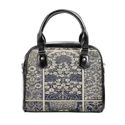 Blue Vintage Handbag- Floral Art Nouveau Purse - Beige and Indigo Vegan Leather Shoulder Handbag
