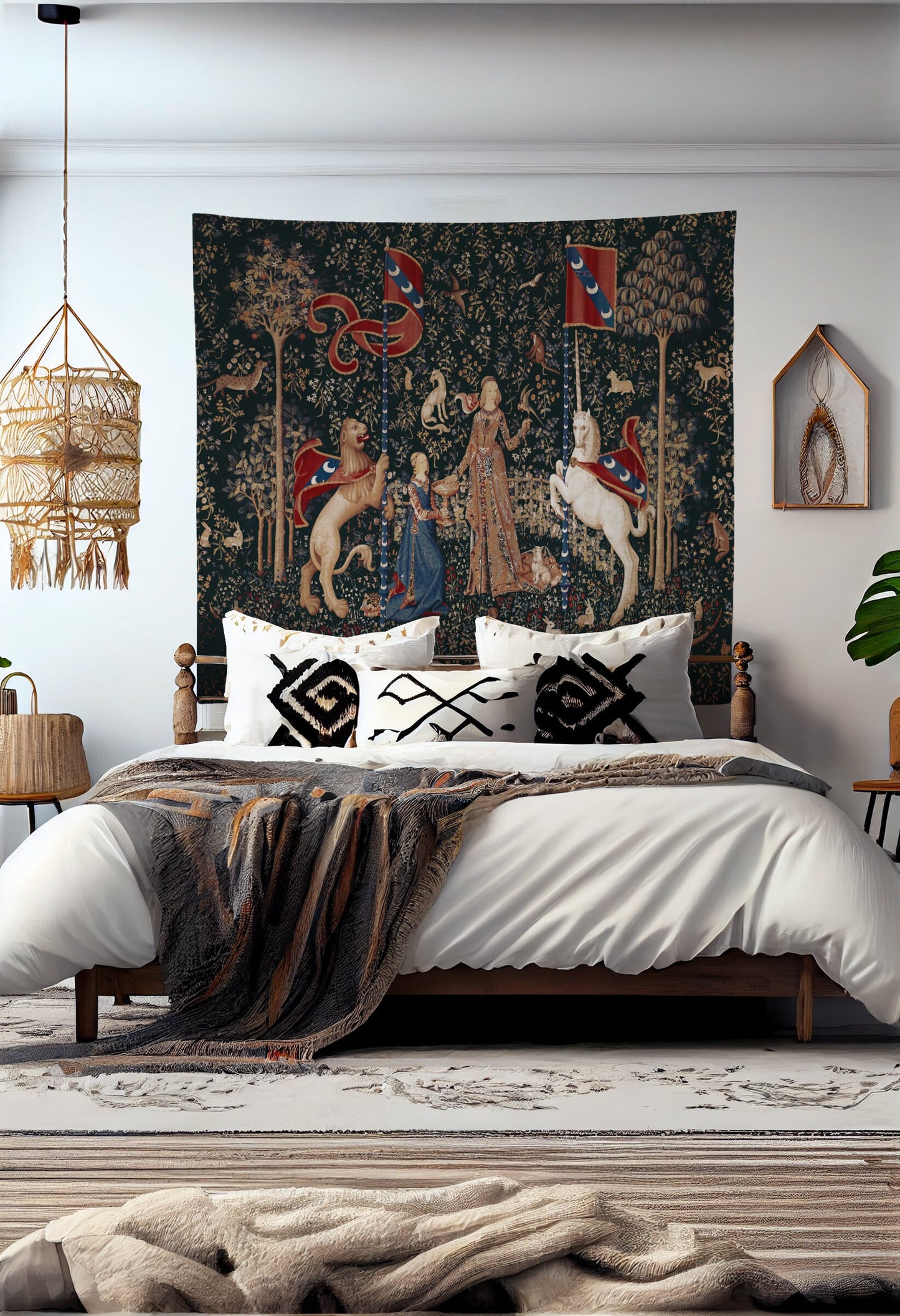 Lady With Unicorn Tapestry - Taste - Dark Green - Unicorn Art - Original by Raphael by DesignBohemian