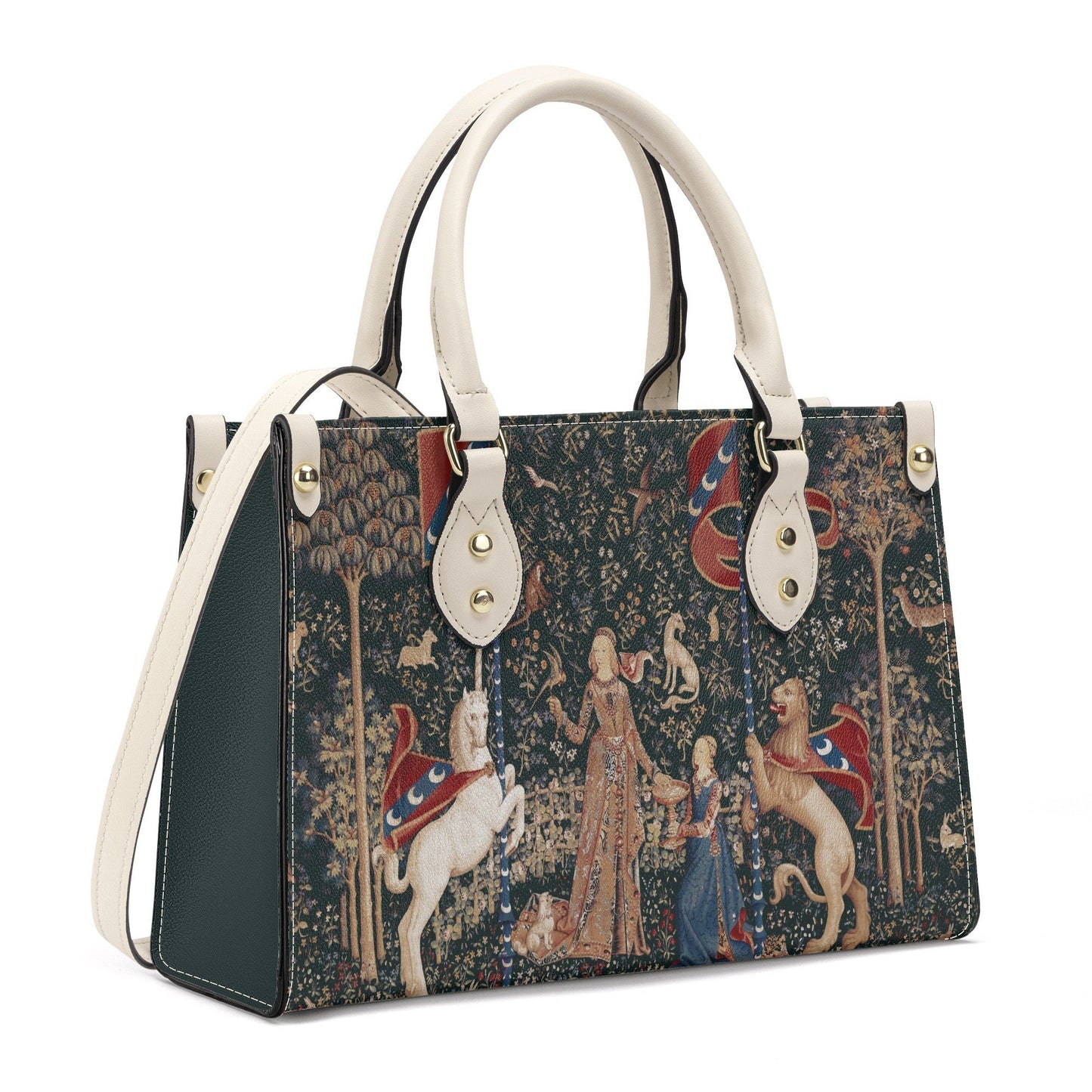 Lady with Unicorn Purse - Dark Green Handbag - Luxury Vegan Leather - With Shoulder Strap