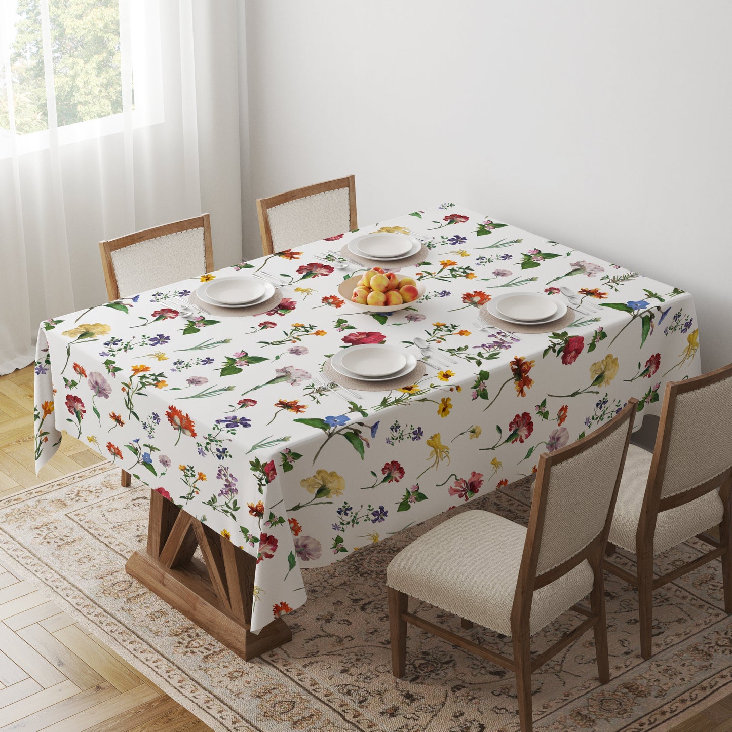 White Tablecloth - Rectangle and Round Sizes - Vintage Floral Design - Summer Floral Table Cloth - All Cotton