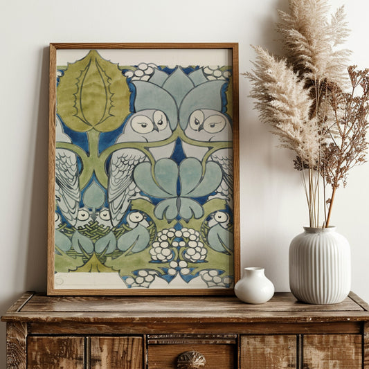 Vintage Owls Print - Green and Blue - Nouveau Flower Print - Bohemian - Print Large Artwork - Vintage Wallpaper - Floral