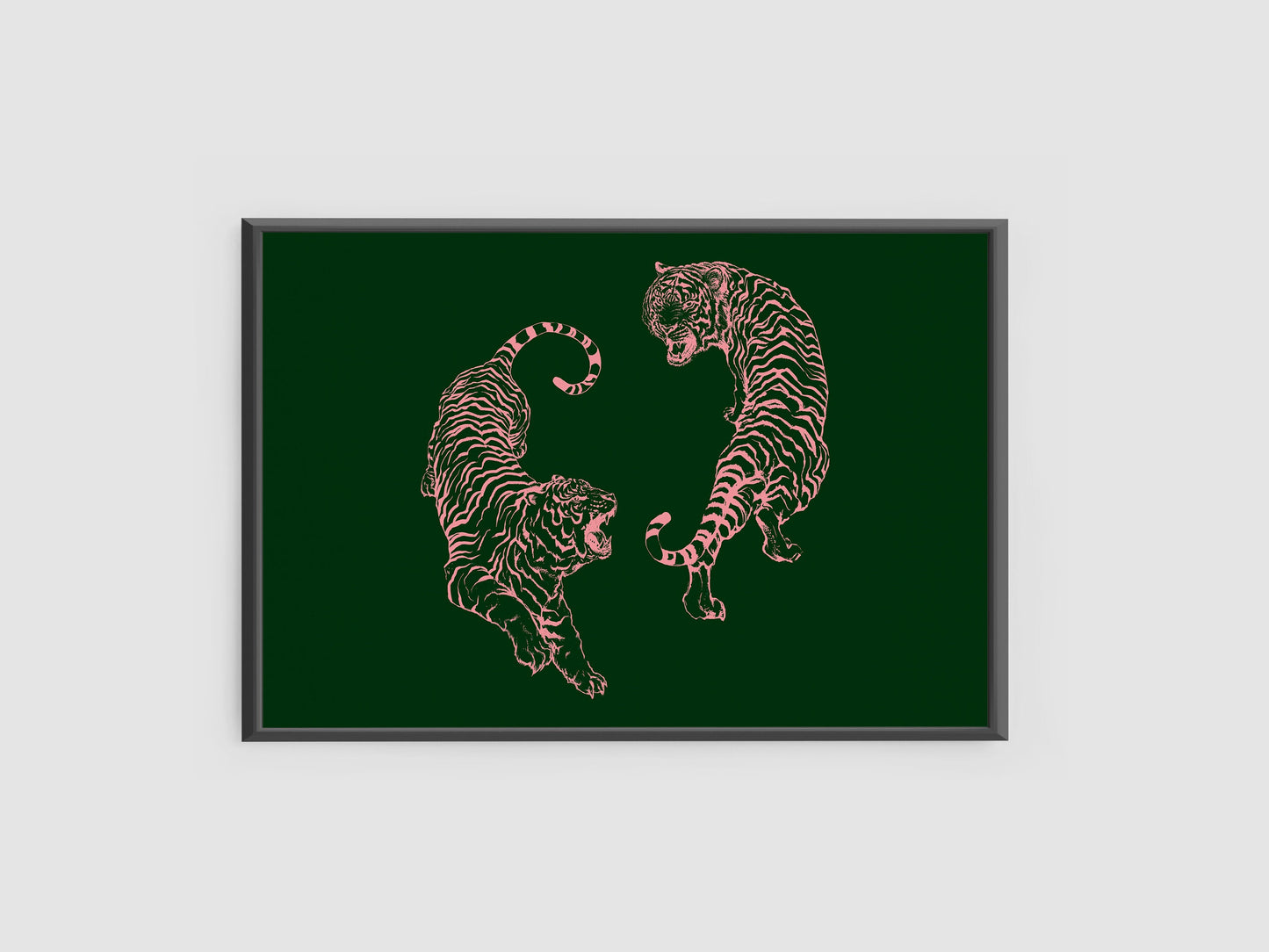Pink Tigers Print - Japanese Tigers - Dark Green Background