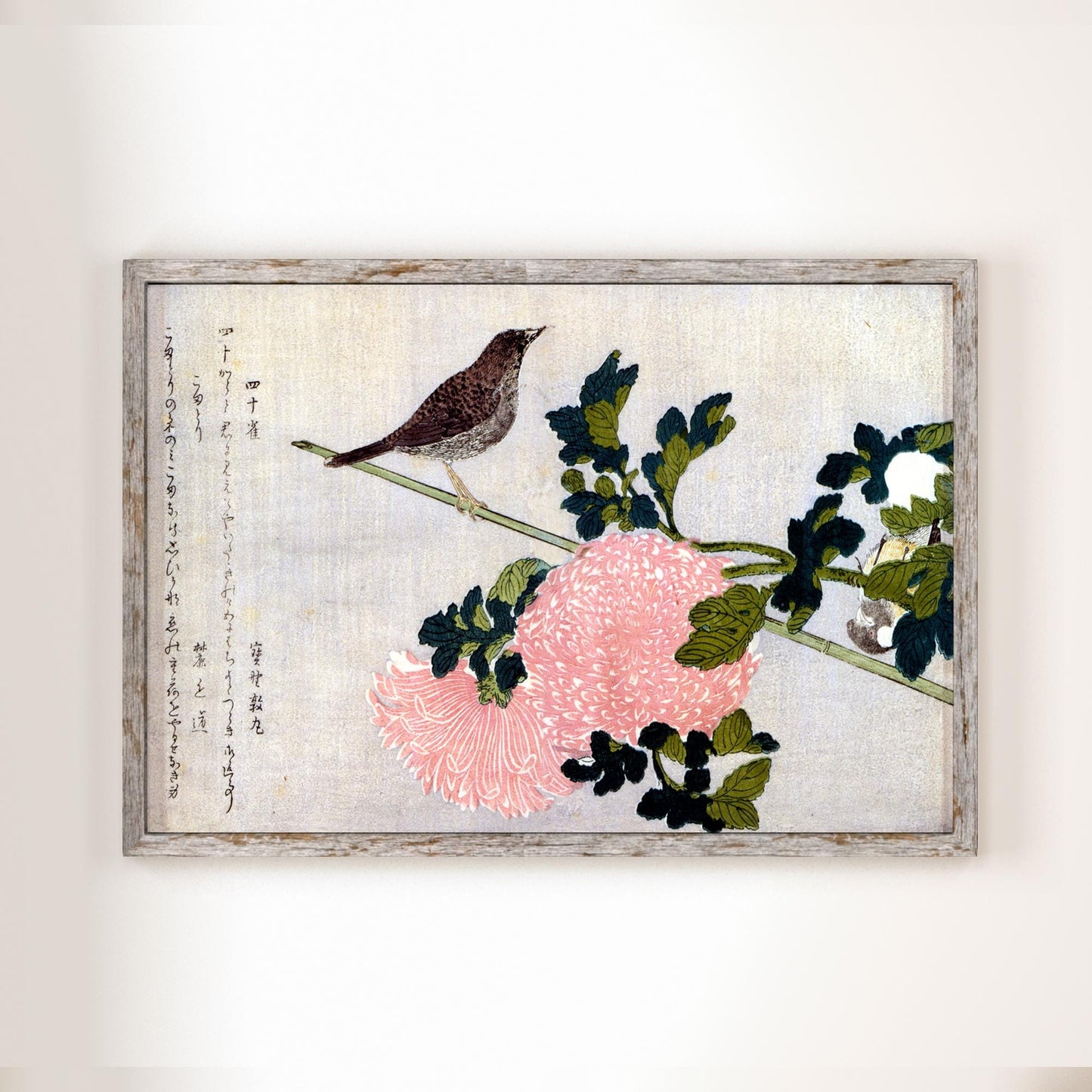 Japanese Bird Vintage Print - Neutral Decor - Bird Print - vintage Japan - Pink and Green