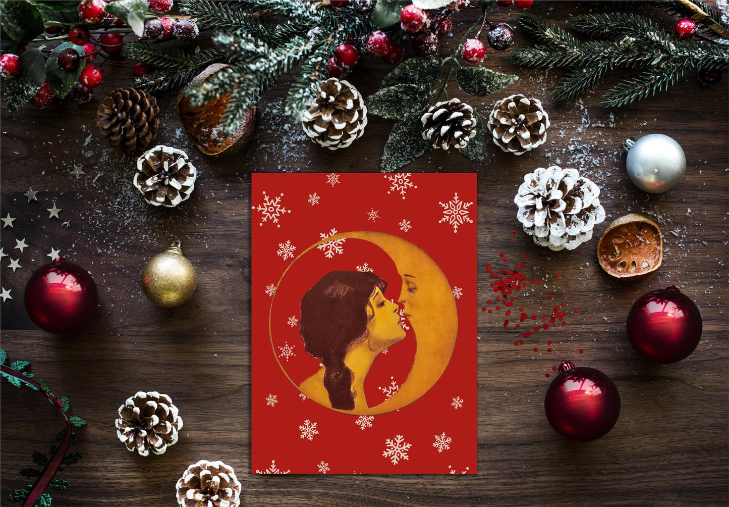Woman Kissing Moon Holiday Cards - Red Goddess Christmas Card - Vintage Holiday Card - Set of 5 or 10 Cards by DesignBohemian