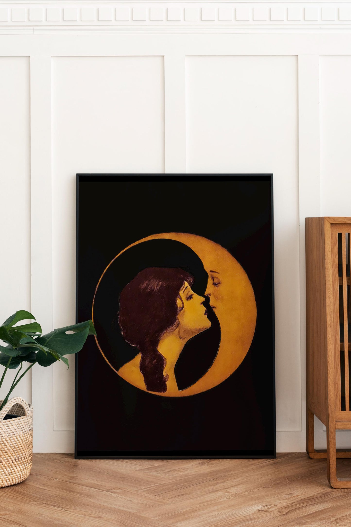Woman Kissing Moon- Art Nouveau Print Bohemian Print Artwork - Black Background
