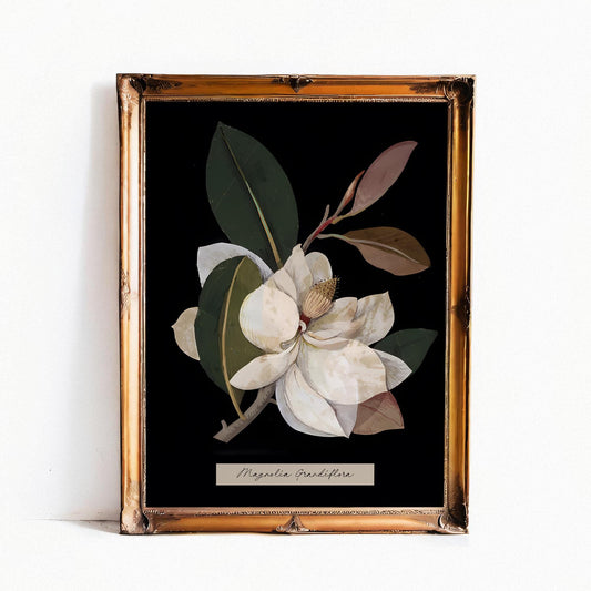 Vintage Magnolia - Moody Floral Print - Dark Academia - Whimsigoth - Floral Print - Beige and Black - Vintage