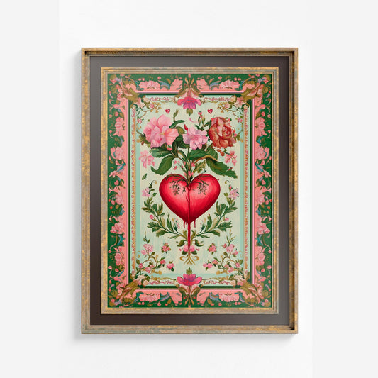 Vintage Immaculate Heart Art Print - Three of Swords Print - Floral - Home Wall Decor - Spiritual Art Painting - Vintage Green and Pink