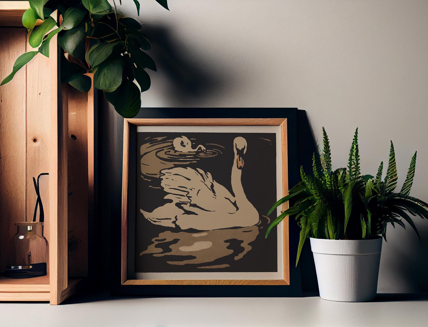 Art Nouveau Swans art print, Vintage bird wall art, Swan painting - Neutral Beige