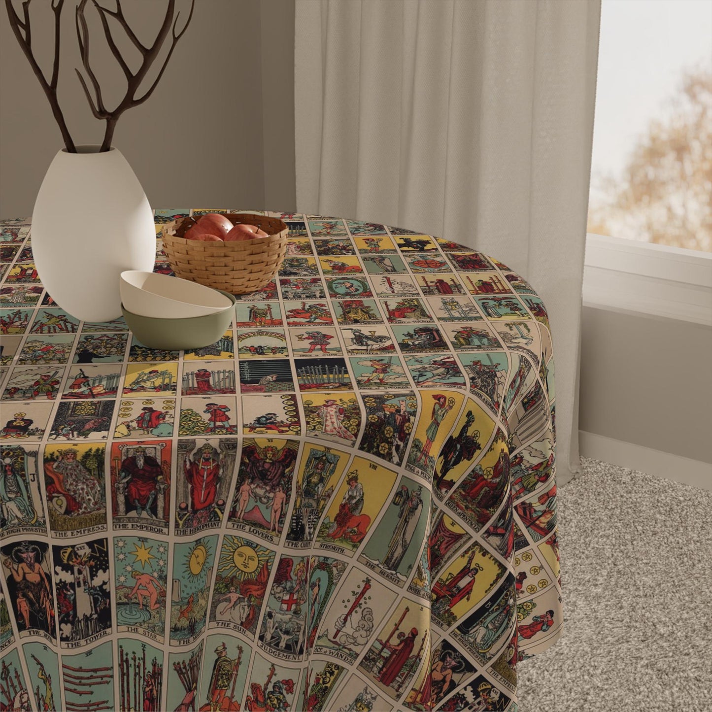 Vintage Tarot Art Tablecloth, Unique Home Decor, Retro Table Cover, Rider Waite Pattern Altar Cloth by DesignBohemian