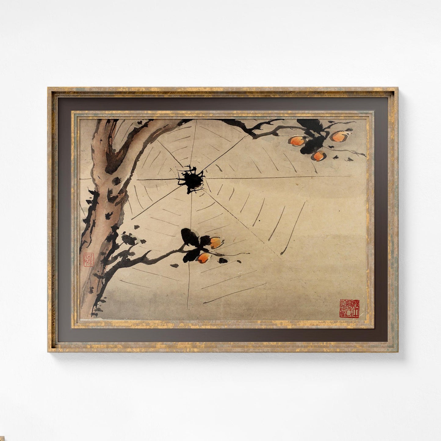 Japanese Spider Illustration - Beige and Black - Halloween Painting