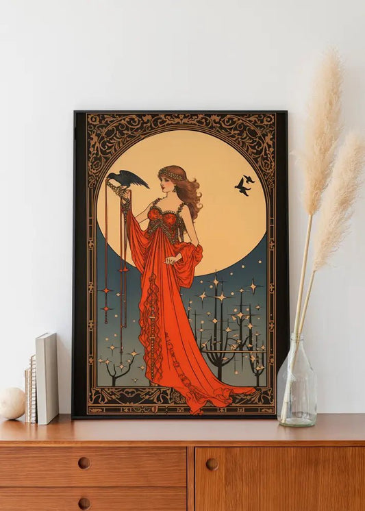Morrigan Goddess Deco Art Nouveau Poster Red Gold Print by My Store