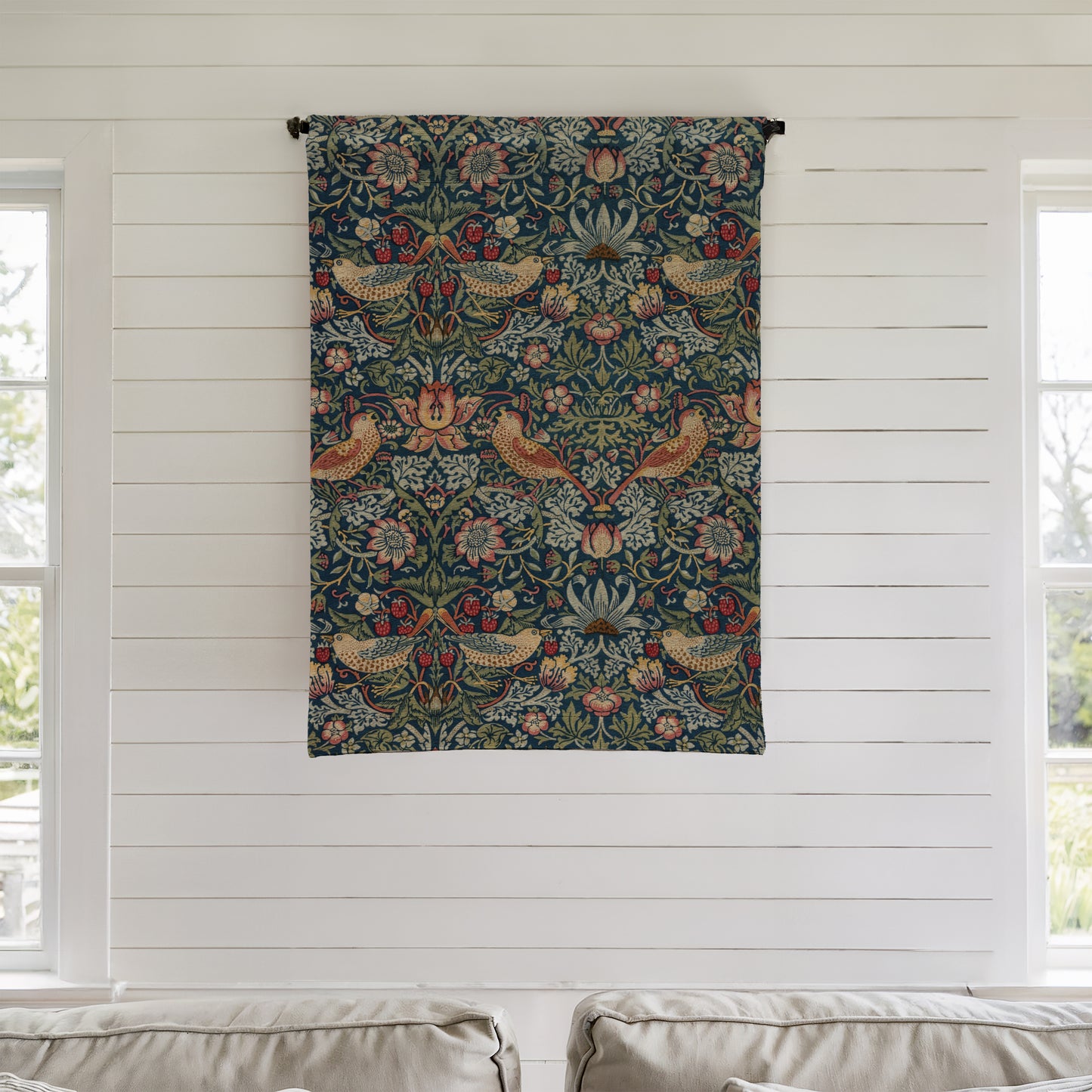 William Morris Woven Wall Tapestry, Floral Hanging Decor, Bird Pattern Art, Home Wall Decor, Cozy Living Room Accent