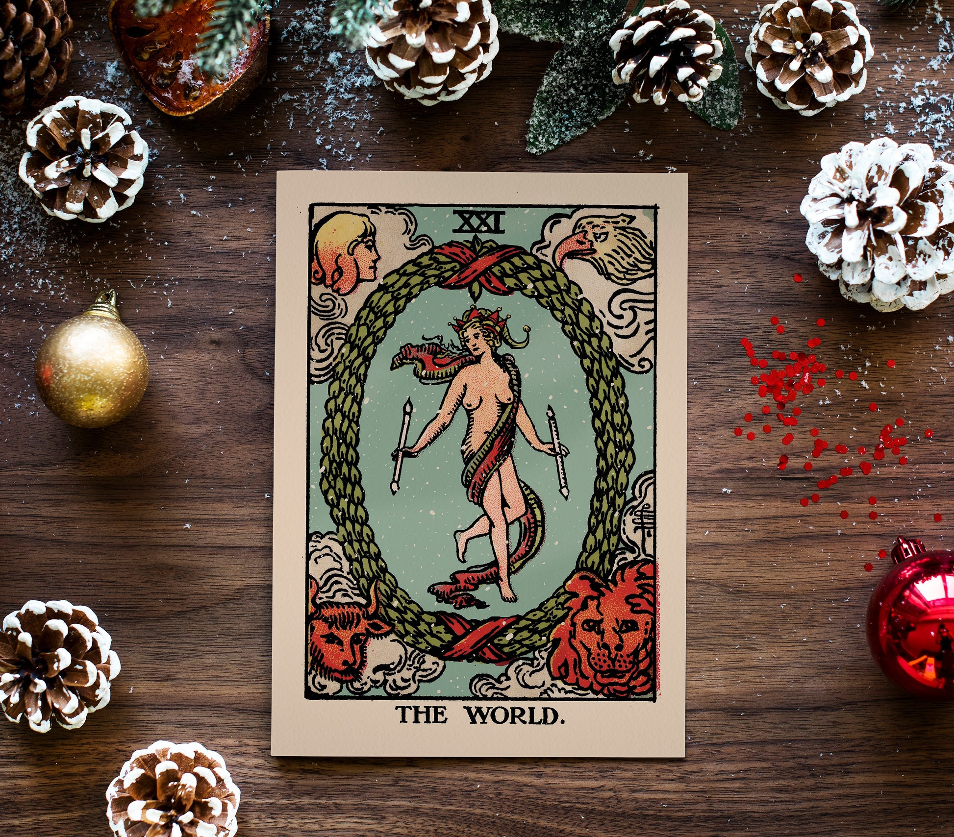 Christmas Cards - The World Tarot Holiday Cards Poster , No Frame
