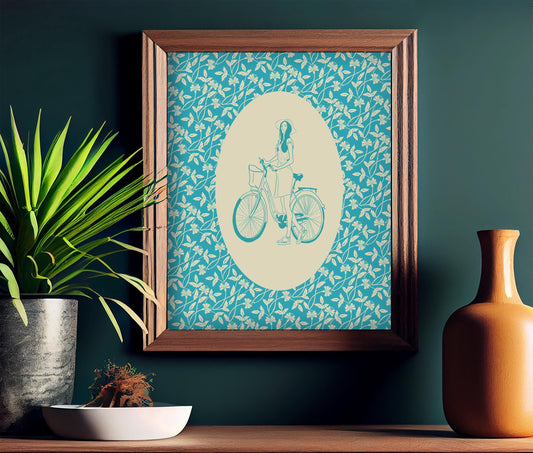 Girl on Bike with Vintage Pattern Print, Blue line art Illustration Poster (No Frame)