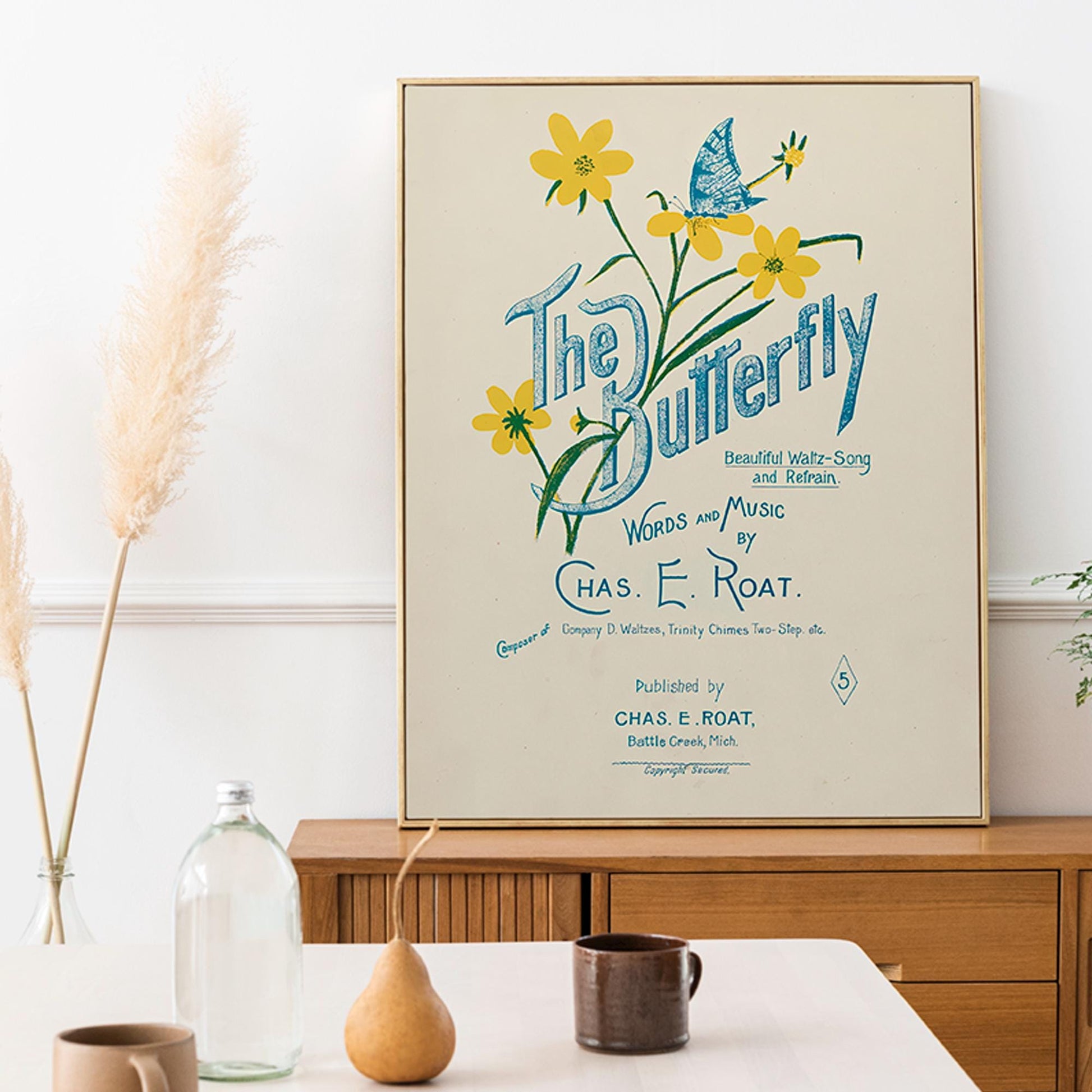 Vintage Butterly Print - Vintage Shabby Chic - Butterfly Poster - Nouveau Poster - Blue and Yellow