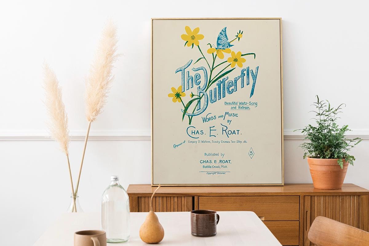 Vintage Butterly Print - Vintage Shabby Chic - Butterfly Poster - Nouveau Poster - Blue and Yellow