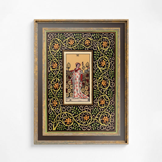 Art Nouveau Tarot Print - Nine of Pentacles - Vintage Shabby Chic - Tarot Poster - Nouveau Tarot Card Poster - Green and Yellow Floral