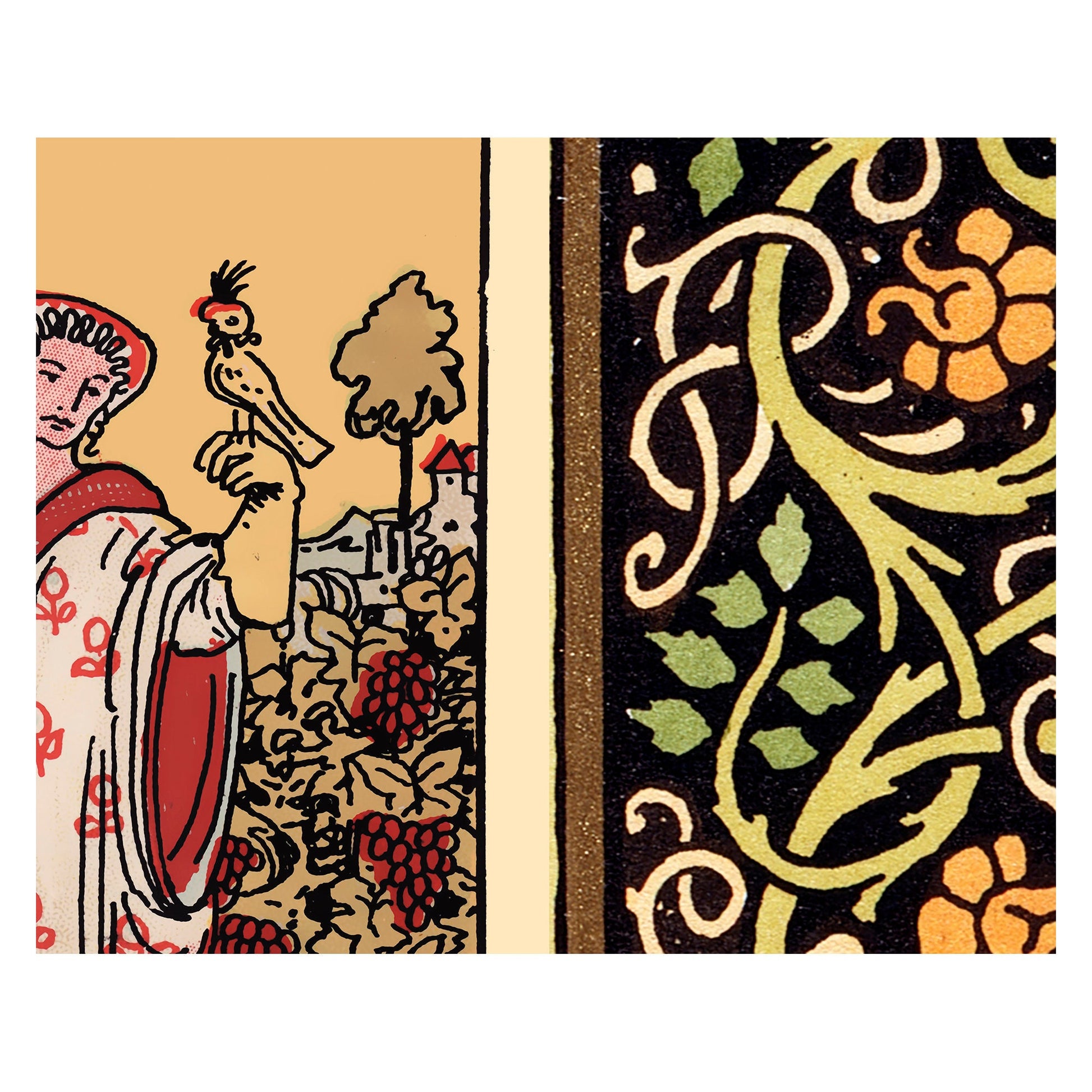 Art Nouveau Tarot Print - Nine of Pentacles - Vintage Shabby Chic - Tarot Poster - Nouveau Tarot Card Poster - Green and Yellow Floral
