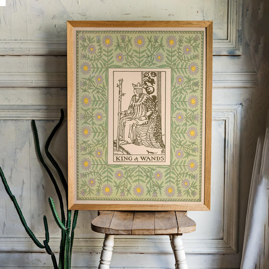 The King Of Wands Print Vintage Shabby Chic Tarot Poster Green For Elegant Wall Decor by My Store