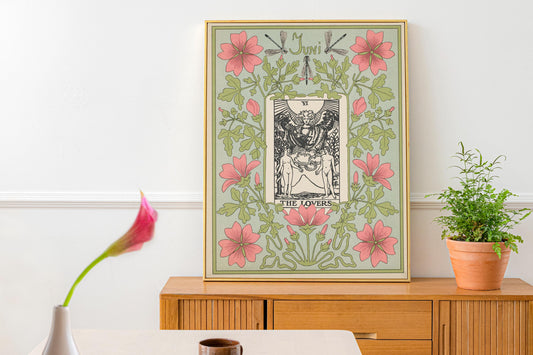 The Lovers Print Vintage Shabby Chic Tarot Poster Pink and Green by My Store