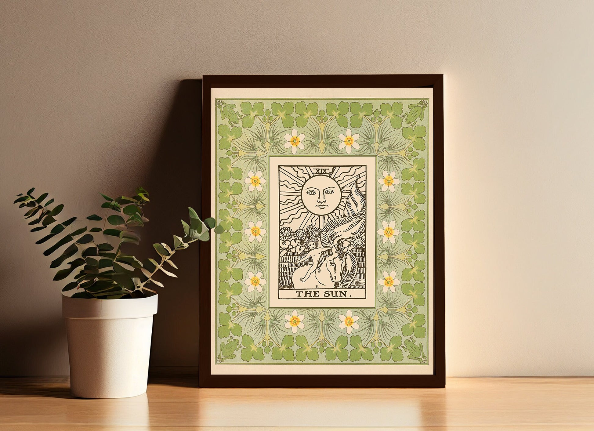 The Sun Tarot Print - Vintage Shabby Chic - Tarot Poster - Nouveau Tarot Card Poster - Green