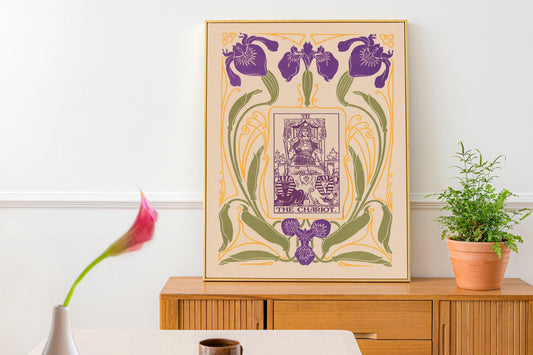 The Chariot Card Print Floral Nouveau Tarot Vintage Art In Purple And Green Elegance by My Store
