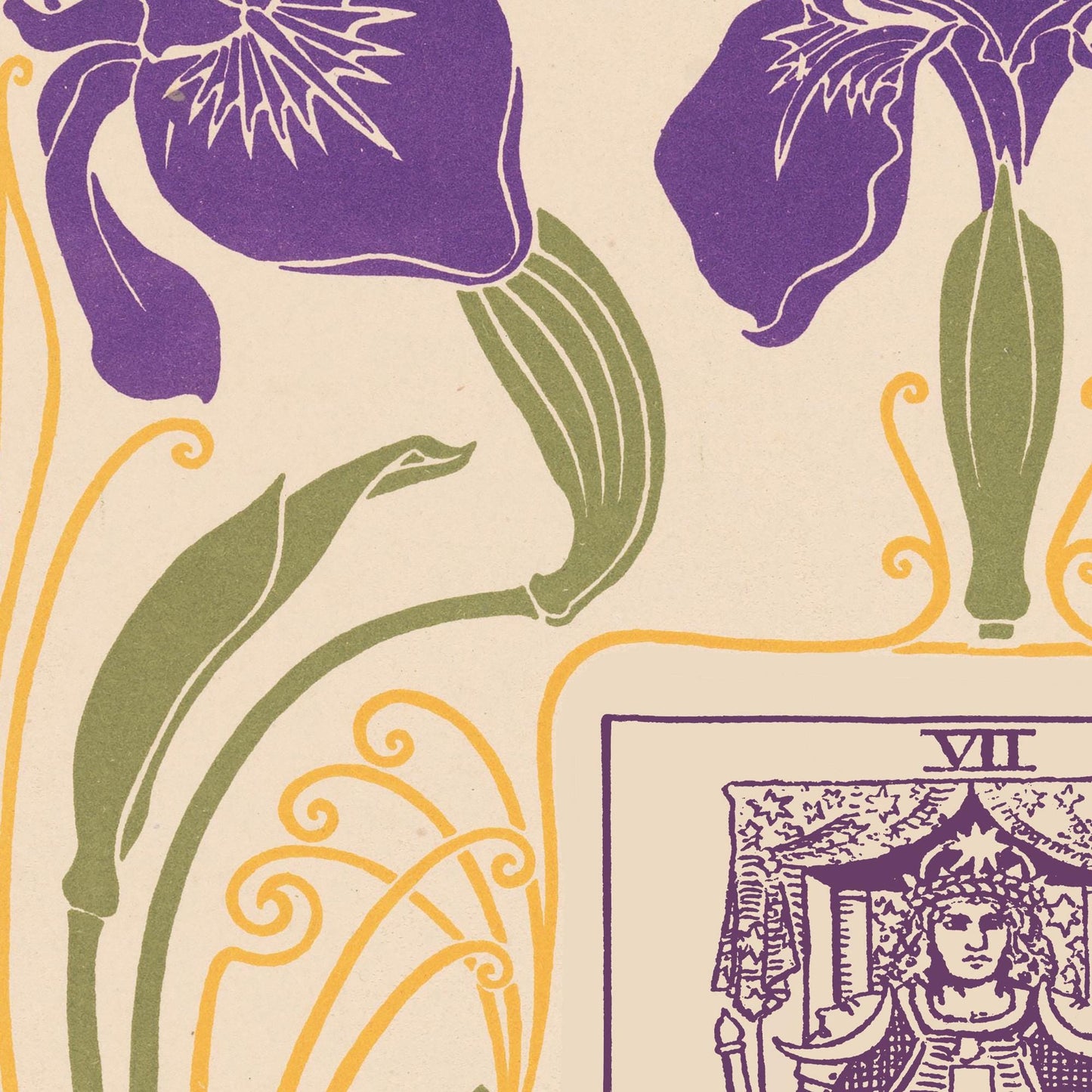The Chariot Card Print - Floral Nouveau Tarot - Unique Tarot Print - Vintage Tarot Art - Purple and Green