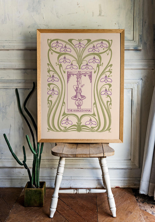 The Hanged Man Card Print Floral Nouveau Vintage Tarot Wall Art Decor In Purple And Green Tones by My Store