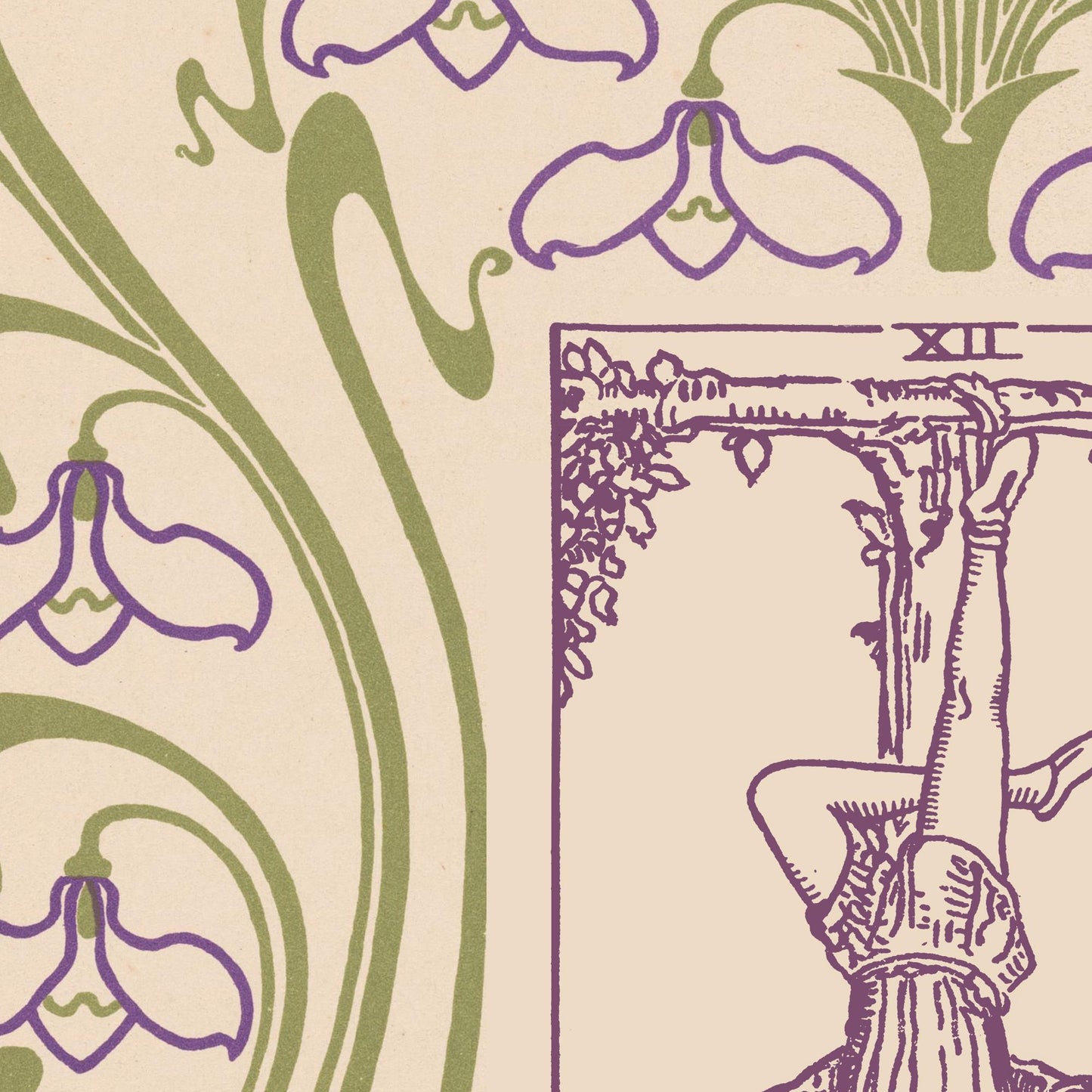 The Hanged Man Card Print - Floral Nouveau Tarot - Unique Tarot Print - Vintage Tarot Art - Purple and Green
