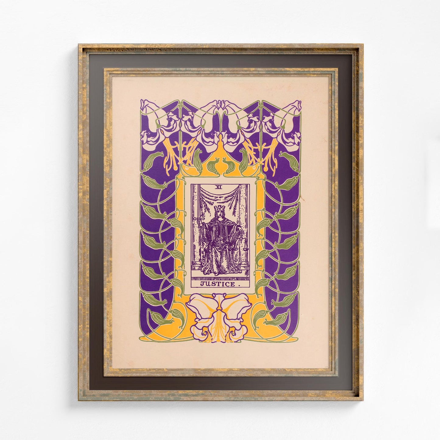 The Justice Card Print - Floral Nouveau Tarot - Unique Tarot Print - Vintage Tarot Art - Purple and Green