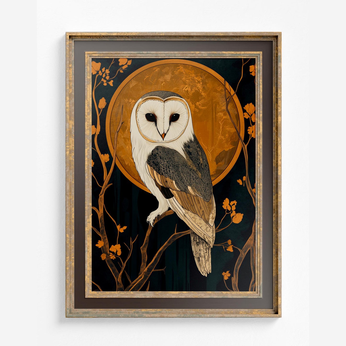 White Owl Vintage Illustration - Owl and Moon Art Print - Black and Beige