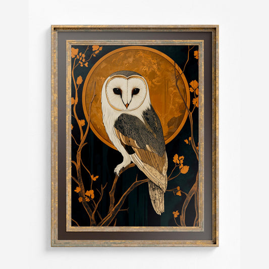 White Owl Vintage Illustration - Owl and Moon Art Print - Black and Beige