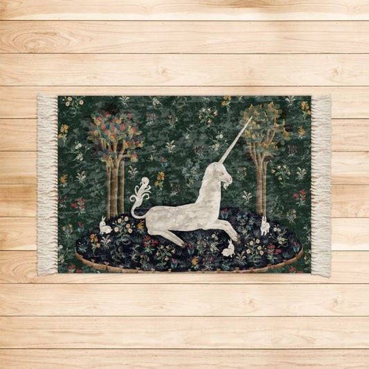 Vintage Art Rug - Lady with Unicorn - Marbled Velvet Rug - With Fringe or Without