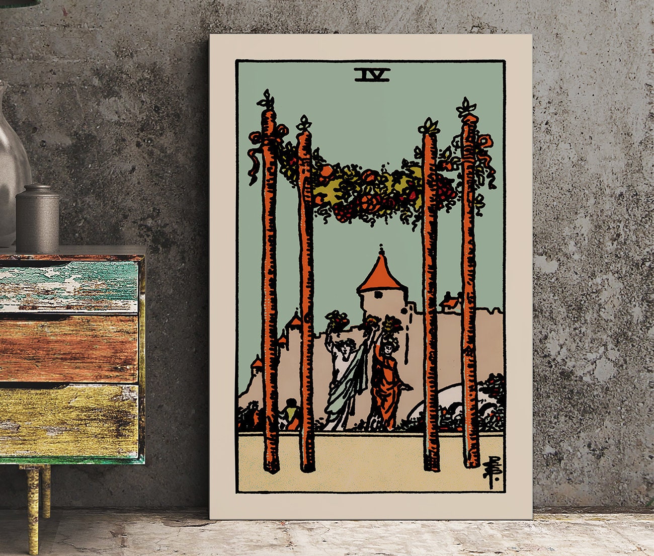 4 of Wands- Tarot Card Print - The Blue Sky Four of Wands Card Poster, No Frame