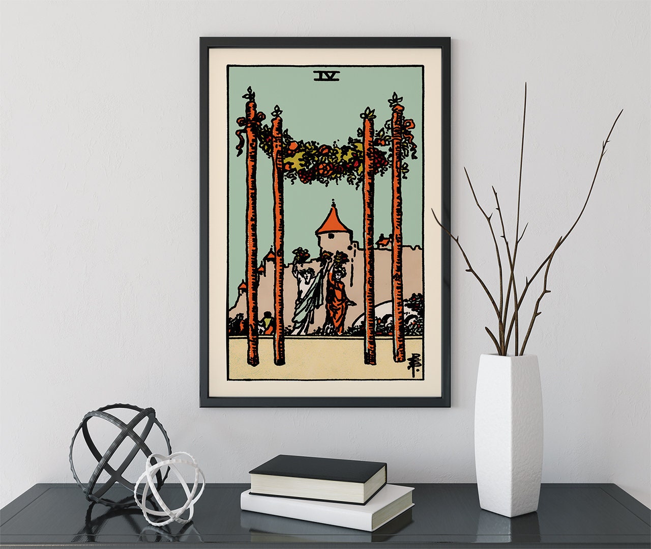 4 of Wands- Tarot Card Print - The Blue Sky Four of Wands Card Poster, No Frame