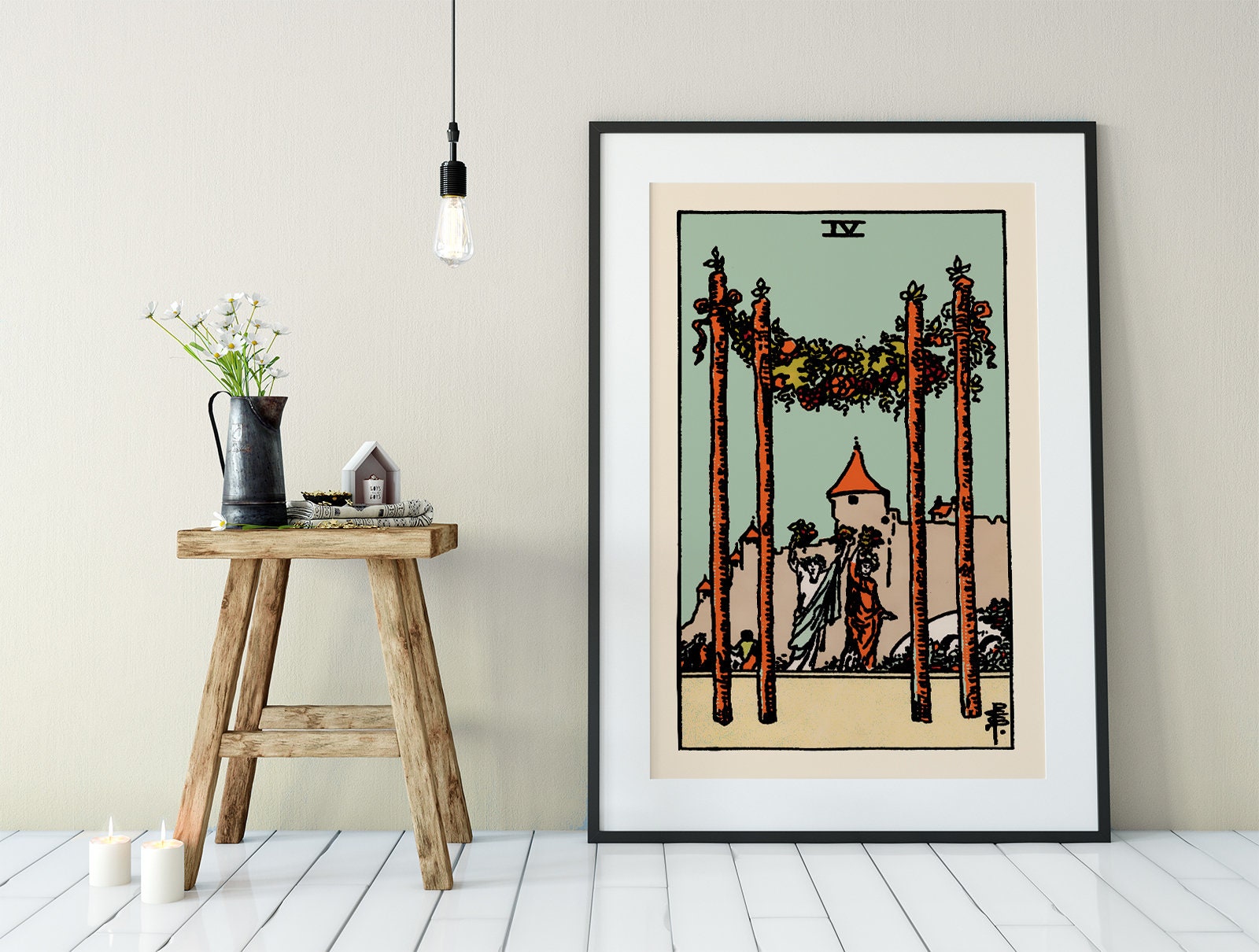 4 of Wands- Tarot Card Print - The Blue Sky Four of Wands Card Poster, No Frame