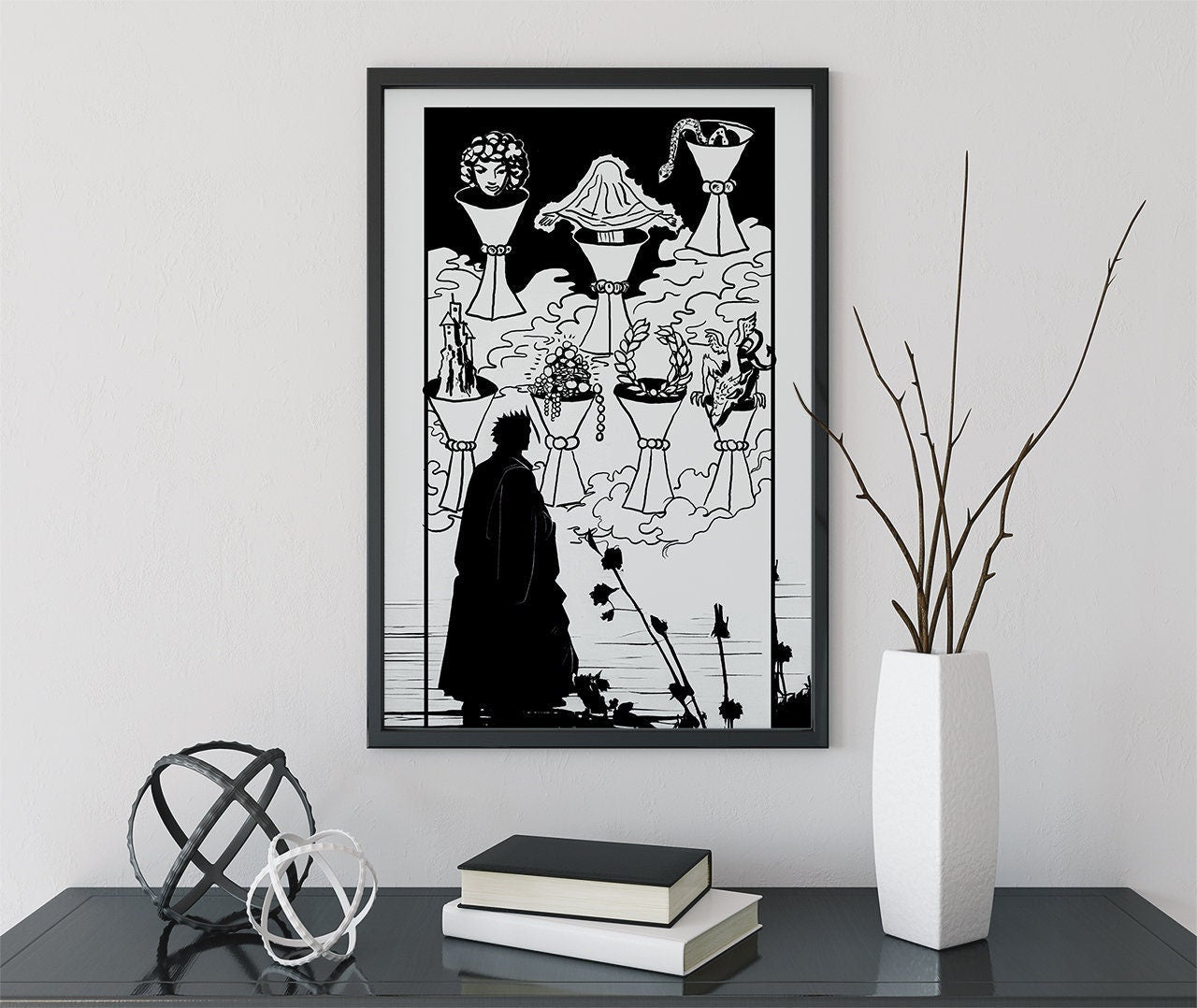 7 of Cups - Tarot Card Drawing Print - The Seven of Cups Card Poster, No Frame