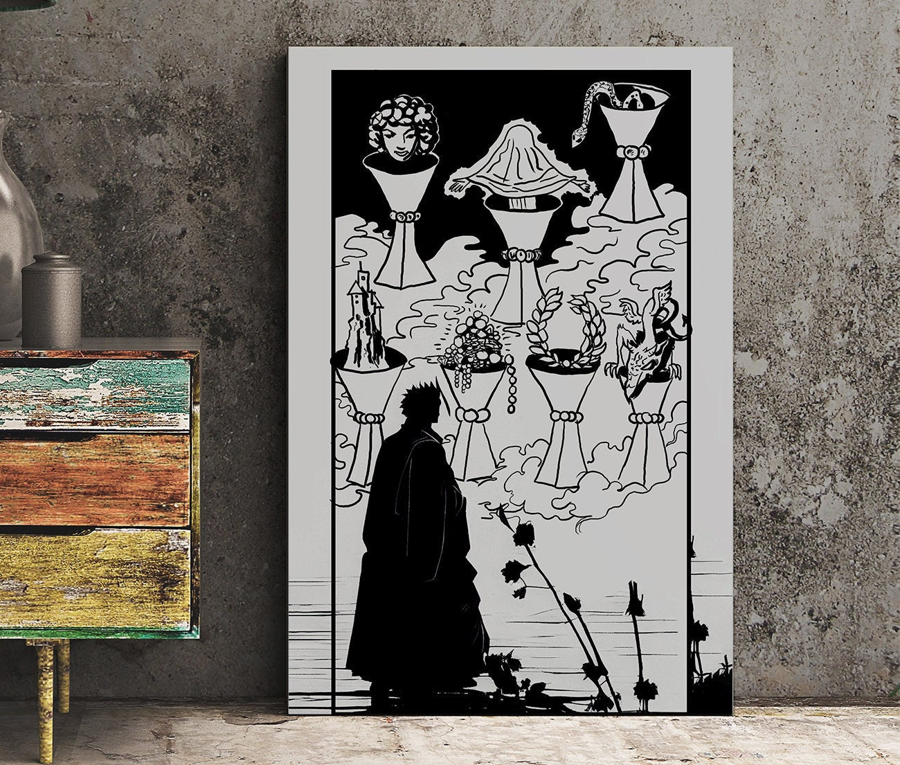 7 of Cups - Tarot Card Drawing Print - The Seven of Cups Card Poster, No Frame