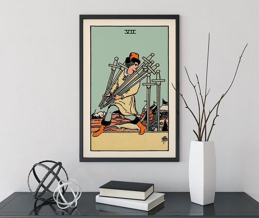 7 of Swords - Tarot Card Print - The Seven of Swords Blue Sky Card Poster, No Frame