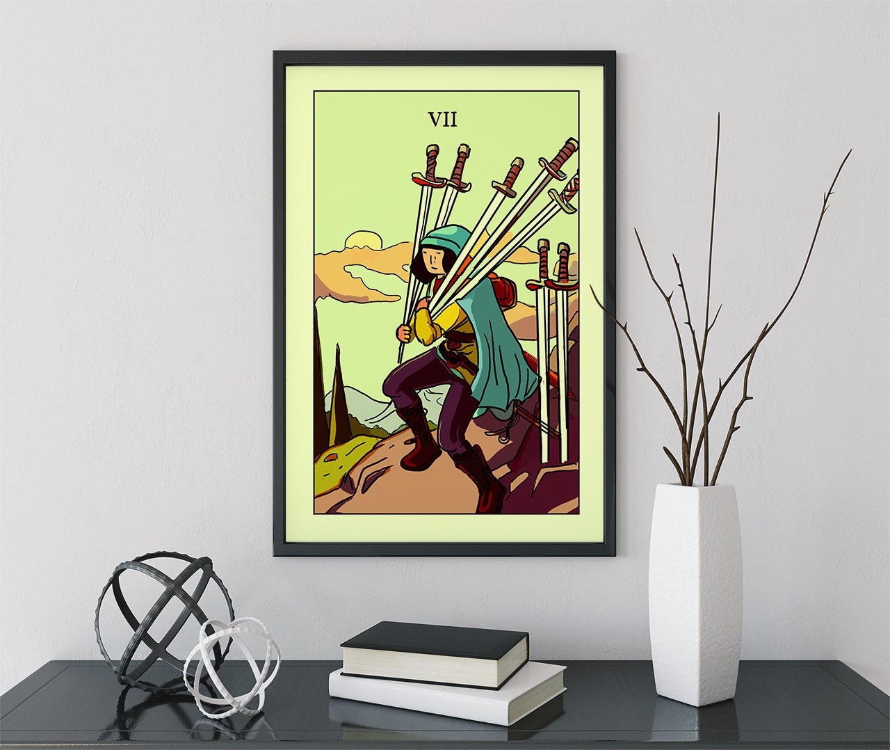 7 of Swords - Tarot Card Print from the Green Menagerie Deck - The Seven of Swords Blue Sky Card Poster, No Frame