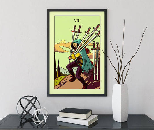 7 of Swords - Tarot Card Print from the Green Menagerie Deck - The Seven of Swords Blue Sky Card Poster, No Frame