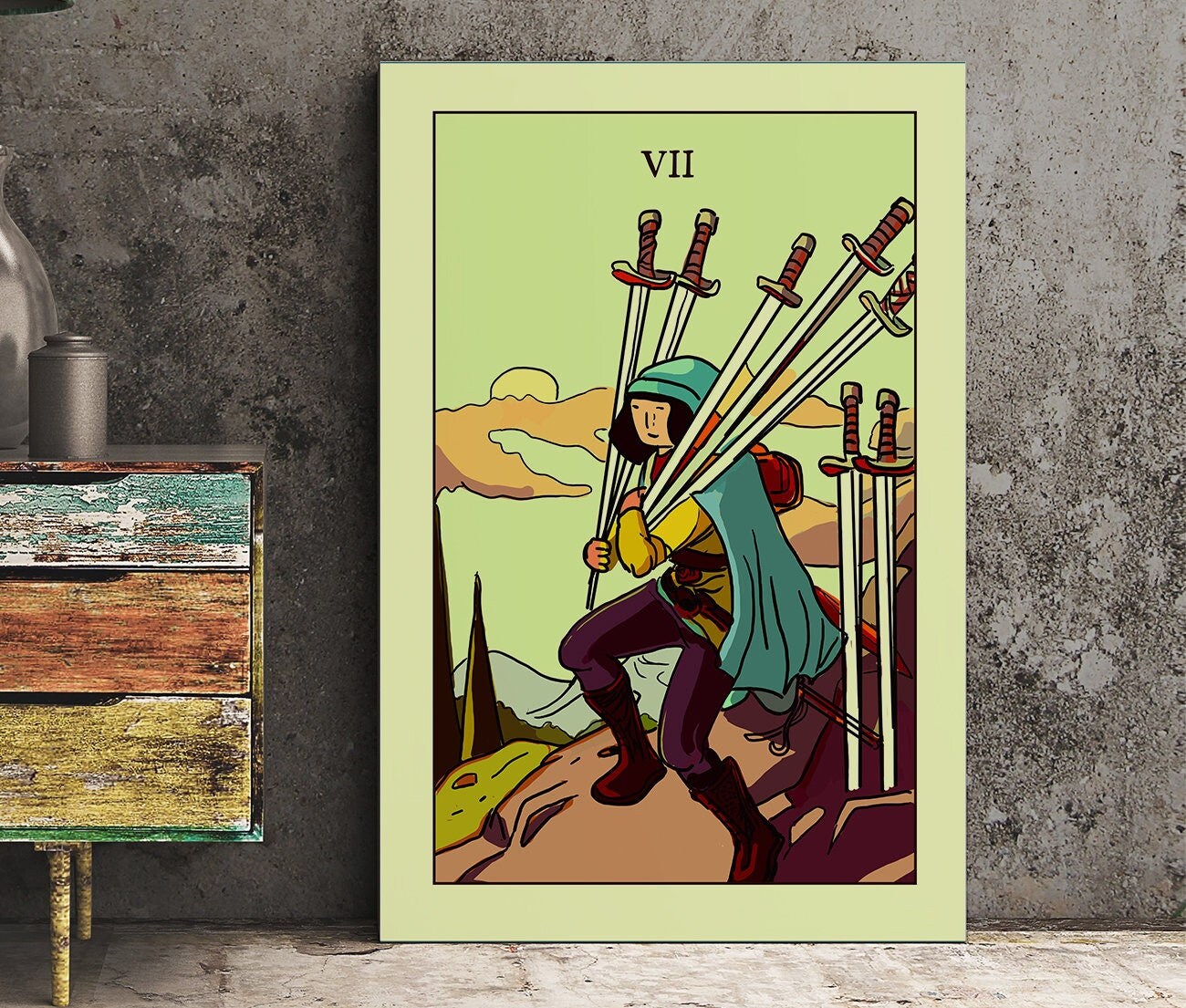 7 of Swords - Tarot Card Print from the Green Menagerie Deck - The Seven of Swords Blue Sky Card Poster, No Frame