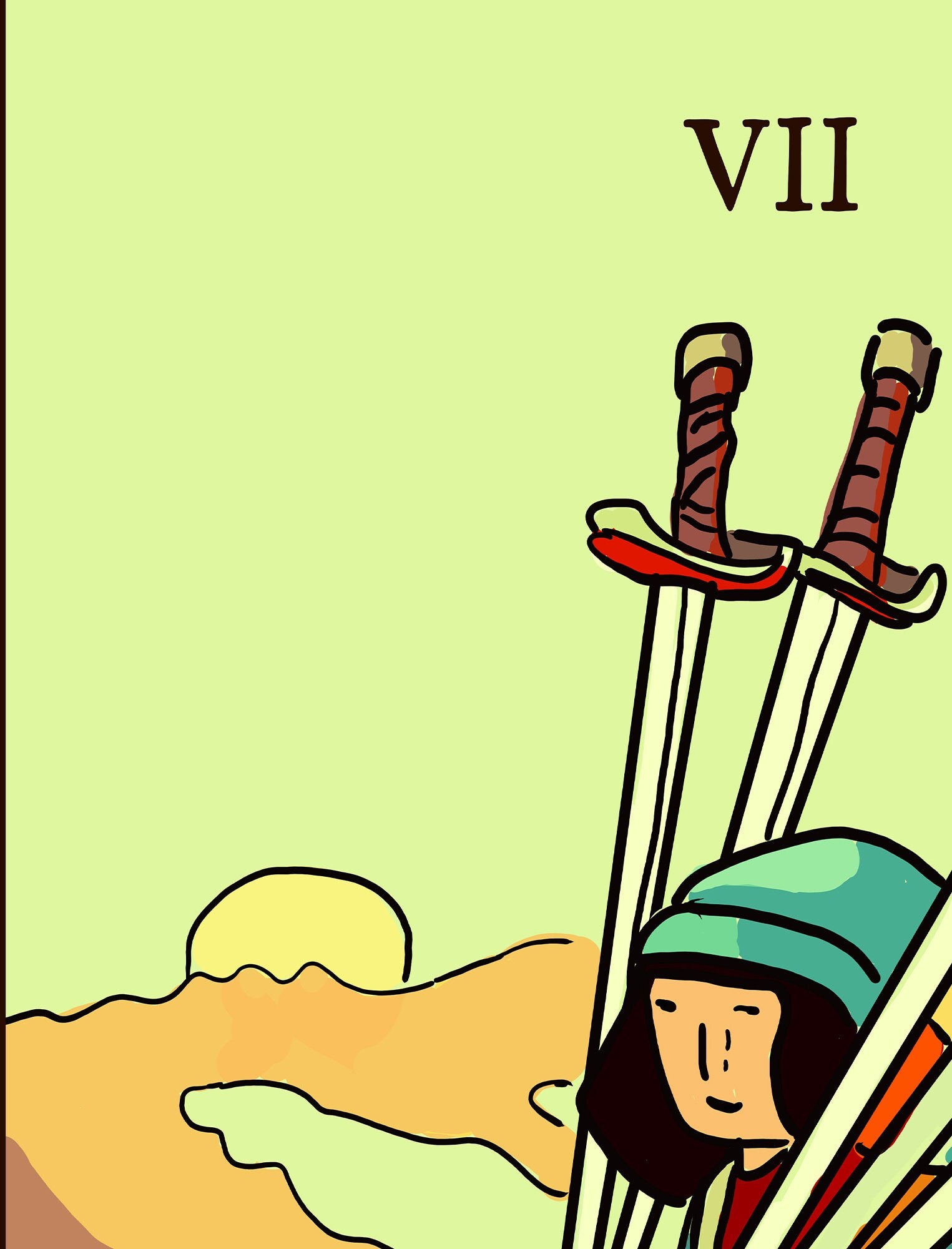 7 of Swords - Tarot Card Print from the Green Menagerie Deck - The Seven of Swords Blue Sky Card Poster, No Frame