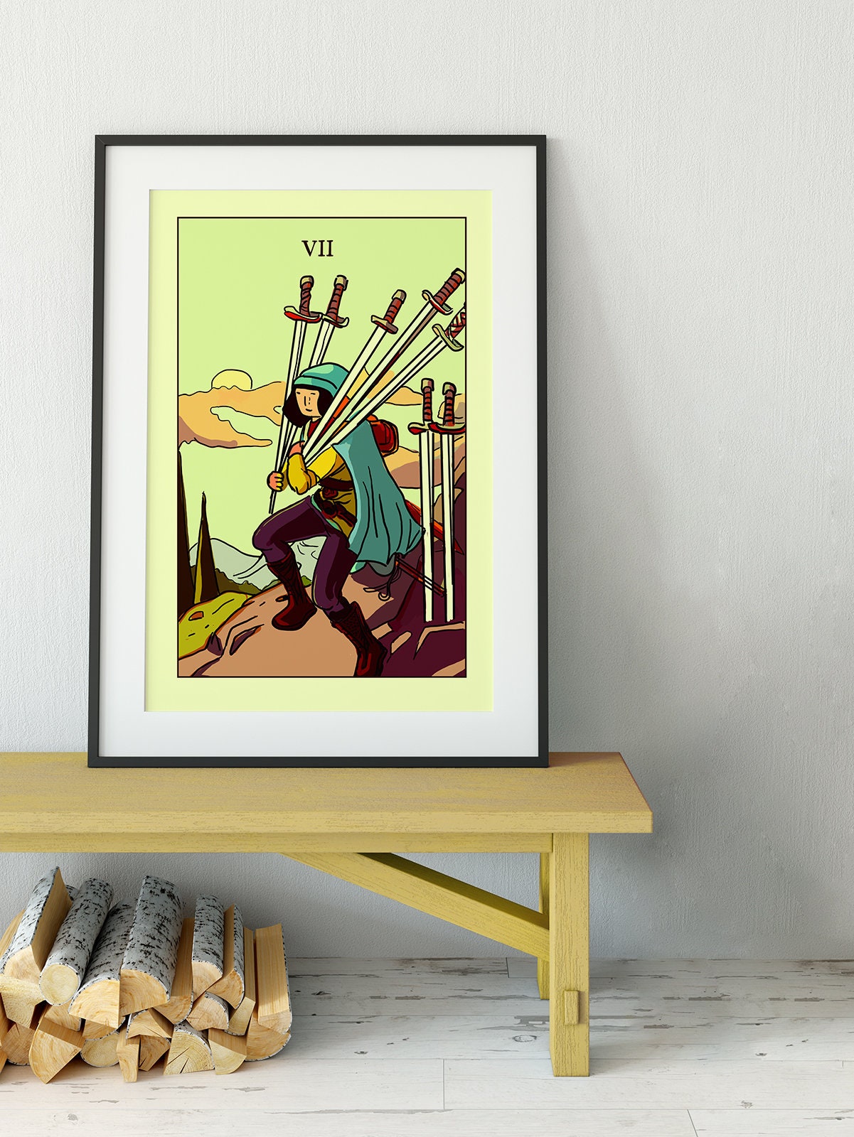 7 of Swords - Tarot Card Print from the Green Menagerie Deck - The Seven of Swords Blue Sky Card Poster, No Frame