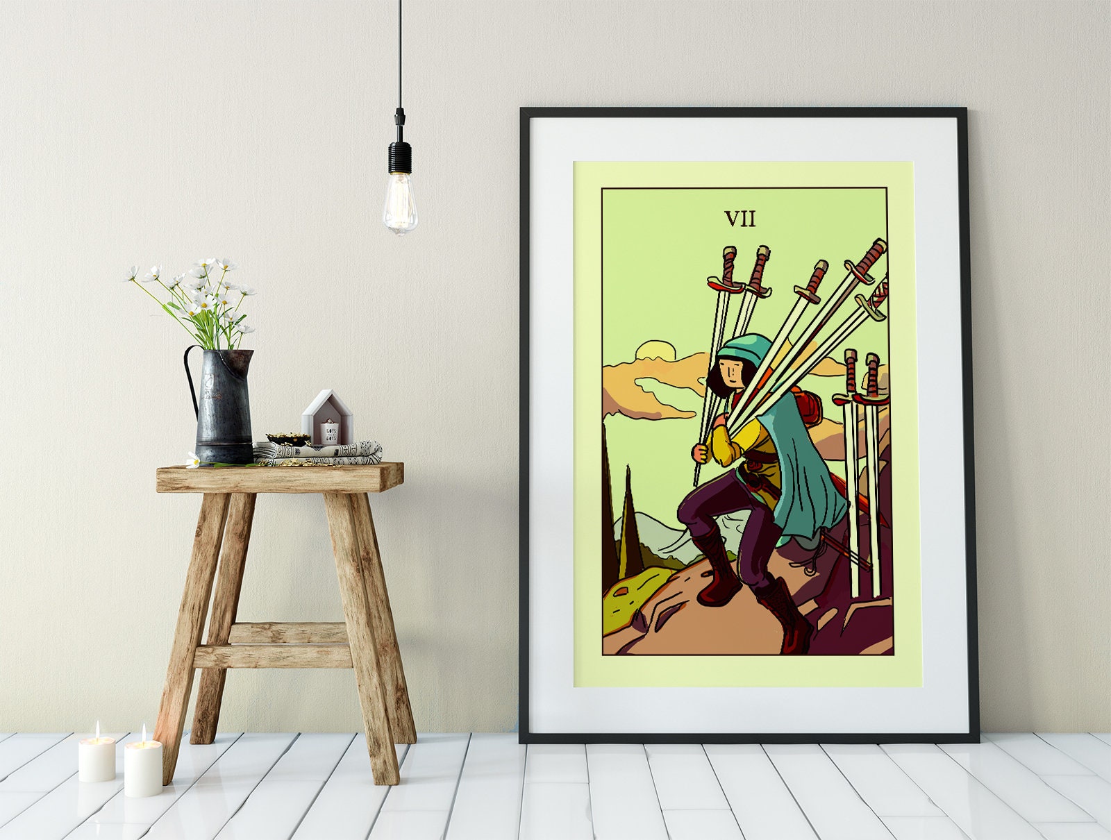 7 of Swords - Tarot Card Print from the Green Menagerie Deck - The Seven of Swords Blue Sky Card Poster, No Frame