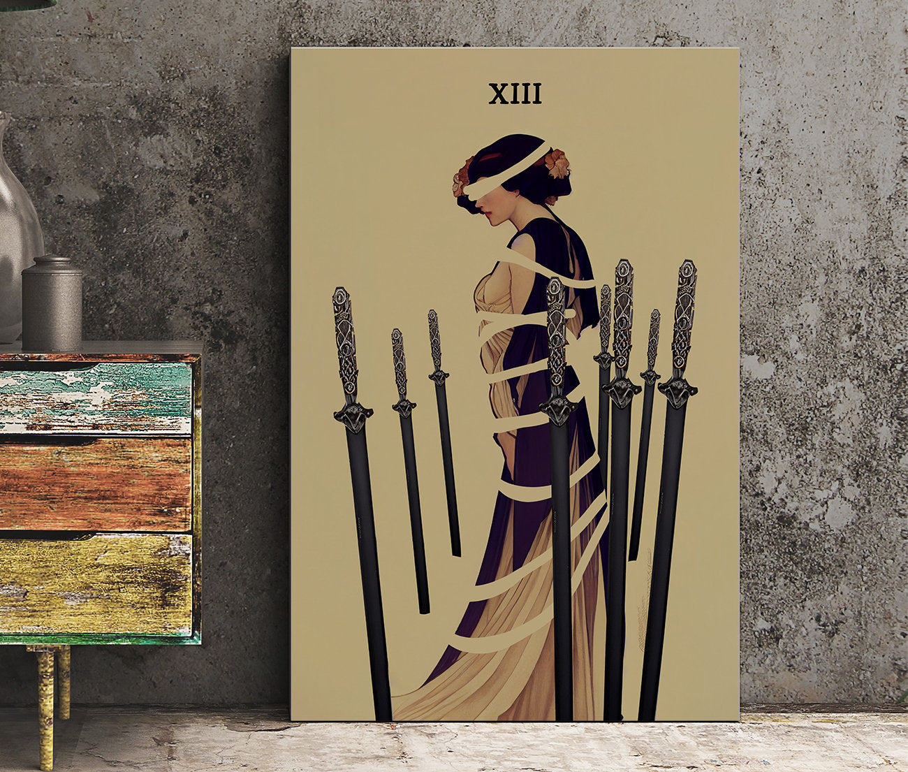8 of Swords - Tarot Card Print - The Eight of Swords Mucha style Card Poster, No Frame