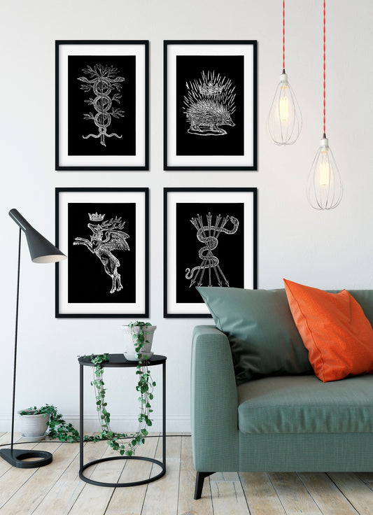 Four Minimalist French Emblems Caduceus (Medicine Symbol), Porcupine and Deer with Crown - by Claude Paradin - Devises heroïques (1557)