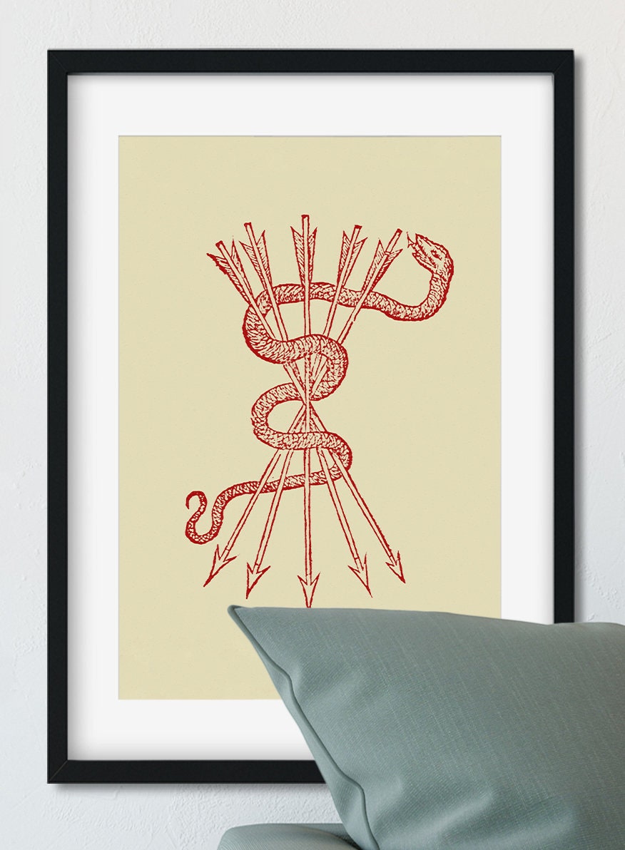 Four Minimalist French Emblems Caduceus (Medicine Symbol), Porcupine and Deer with Crown - by Claude Paradin - Devises heroïques (1557)