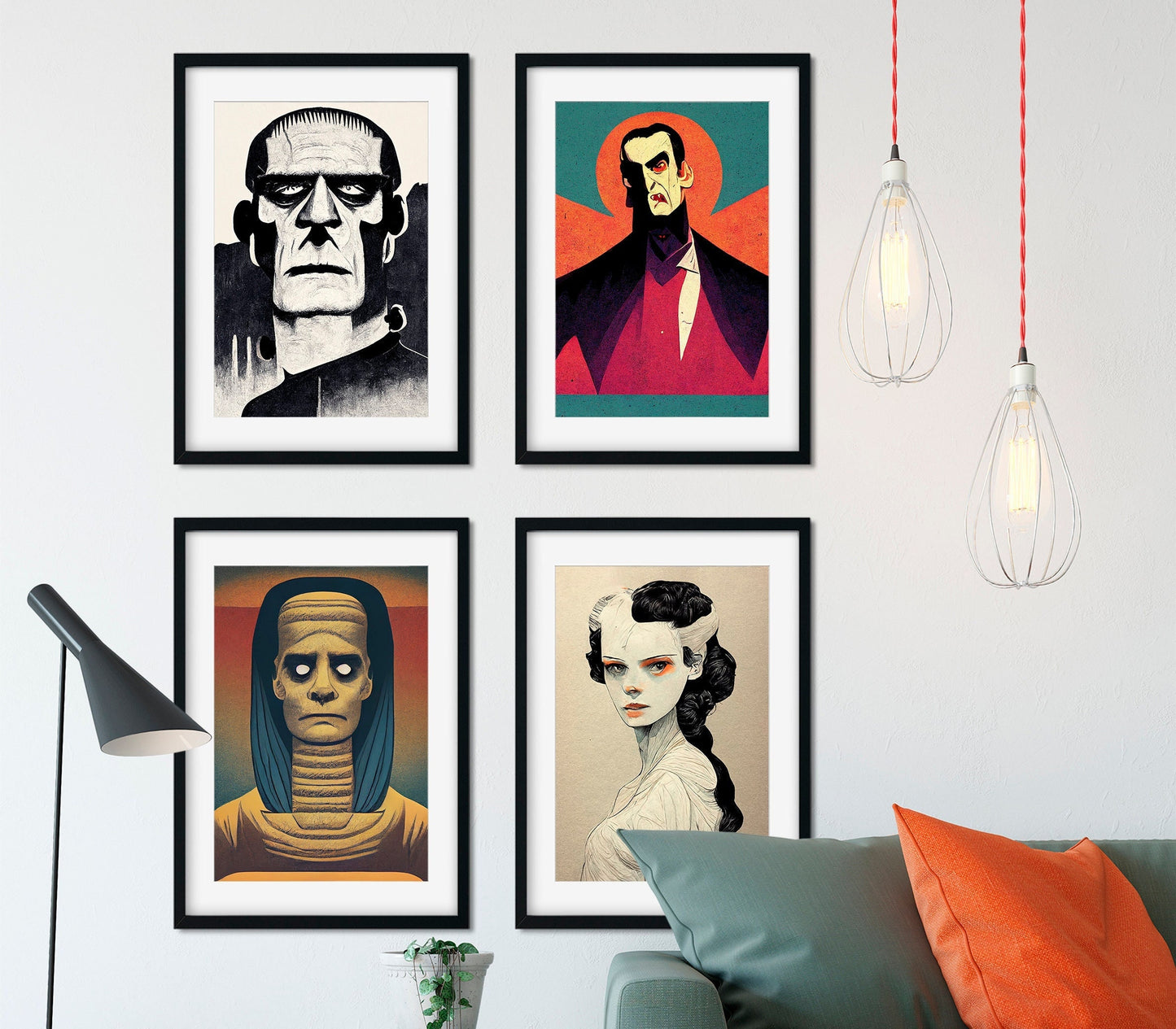 Classic Monsters Pop Art Prints Dracula, Frankenstein, The Mummy, and the Bride of Frankenstein Posters Halloween Prints (No Frame)