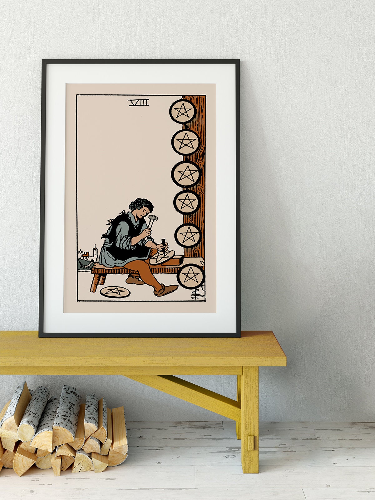 Eight of Pentacles - Tarot Card Print - The 8 of Pentacles Neutral Vibes Card Poster, No Frame